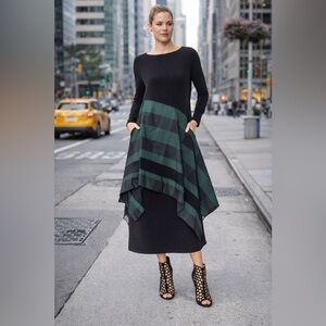 IC Collection XS Boat Neck Asymmetrical Layer Mix Dress Hunter Green Long Sleeve